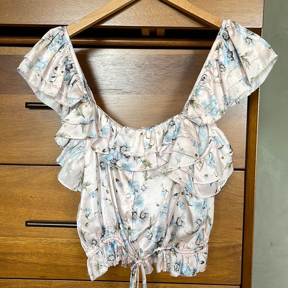 LoveShackFancy Pink Floral Ruffle Crop Top with Blue Accents